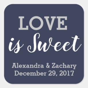 Sticker Carré L'amour est Sweet Navy Blue Silver Mariage Fiançai