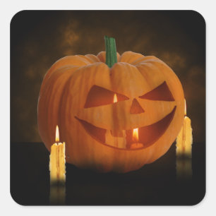 Sticker Carré Lanterne Citrouille d'Halloween avec bougies