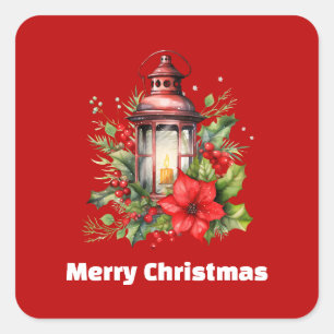 Sticker Carré Lanterne rouge de Noël Poinsettia et pin