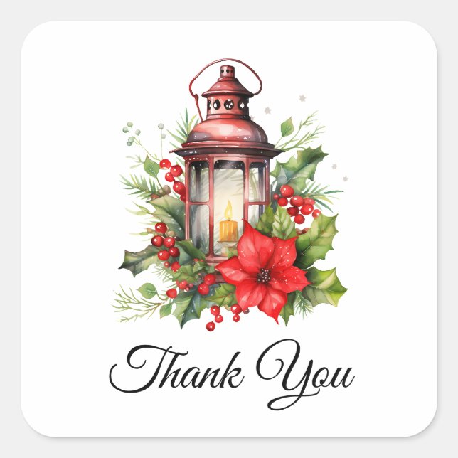 Sticker Carré Lanterne rouge de Noël Poinsettia Merci (Devant)