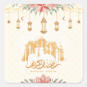 Sticker Carré Lanternes d'aquarelle florale Ramadan Kareem