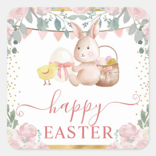 Sticker Carré Lapin à l'aquarelle et fleurs roses