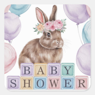 Sticker Carré Lapin Aquarelle Avec Baby shower Fleur Couronne