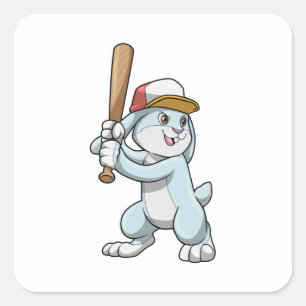 Sticker Carré Lapin au baseball avec batte de baseball