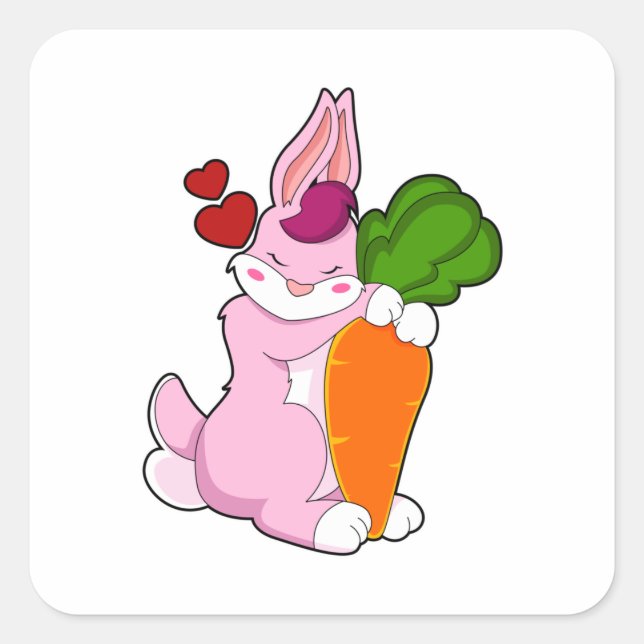 Sticker Carré Lapin avec carotte et coeur (Devant)