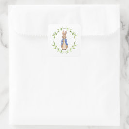 Sticker Carré Lapin avec couronne de feuilles vertes