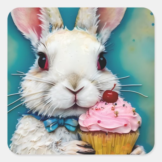 Sticker Carré Lapin avec un Cupcake (Devant)