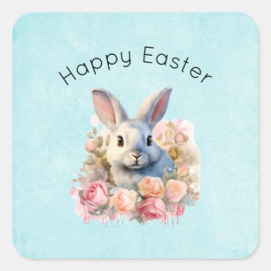 Sticker Carré Lapin avec une guirlande de roses Pâques mignon