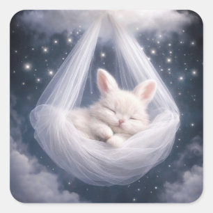 Sticker Carré Lapin bébé suspendu à un hamac en tulle