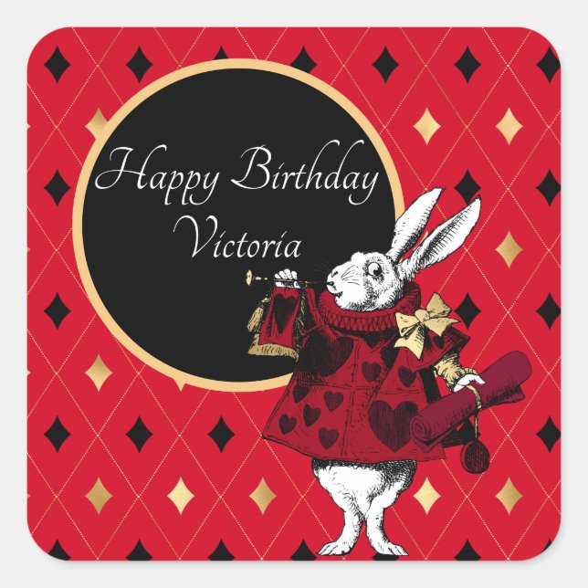 Sticker Carré Lapin blanc à l'anniversaire rouge (Devant)