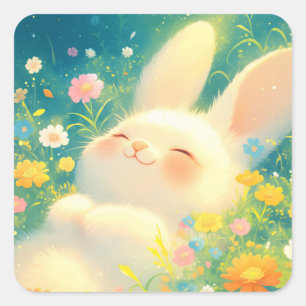 Sticker Carré Lapin Blanc Tout Flou Endormi dans des Fleurs Sauv