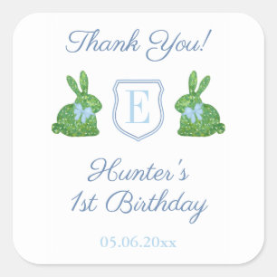 Sticker Carré Lapin Bleu Monogramme Garçon 1er Anniversaire Cade