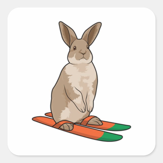 Sticker Carré Lapin comme skieur avec ski (Devant)