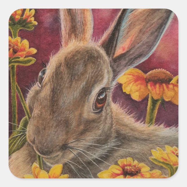Sticker Carré Lapin d'automne Lapin Fleurs Jaunes Aquarelle Art (Devant)
