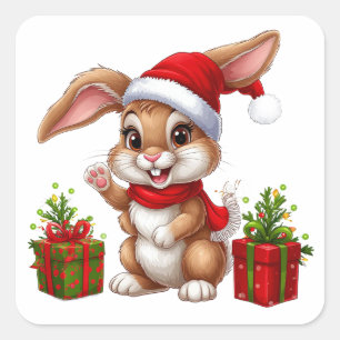 Sticker Carré Lapin de Noël adorable avec chapeau de Père Noël