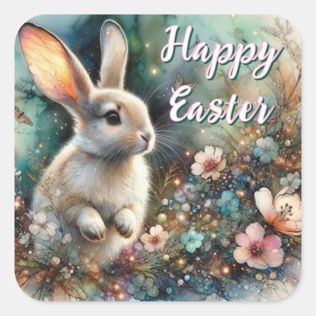Sticker Carré Lapin de Pâques aquarelle en forêt (Devant)