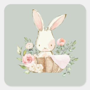 Sticker Carré Lapin de Pâques aquarelle vert sauge