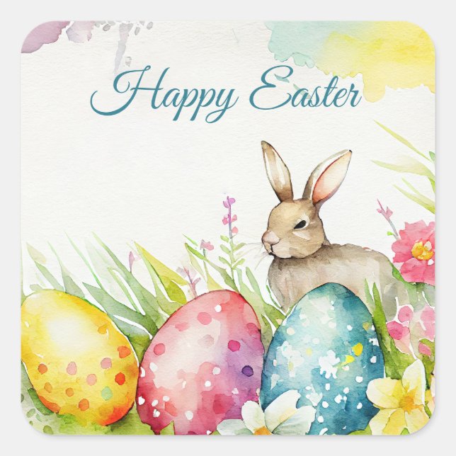 Sticker Carré Lapin de Pâques avec trois oeufs de Pâques (Devant)