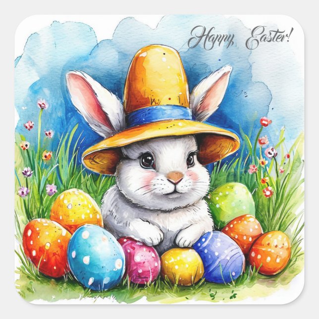 Sticker Carré Lapin de Pâques dans un casquette (Devant)