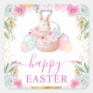Sticker Carré Lapin de Pâques et fleurs à l'aquarelle