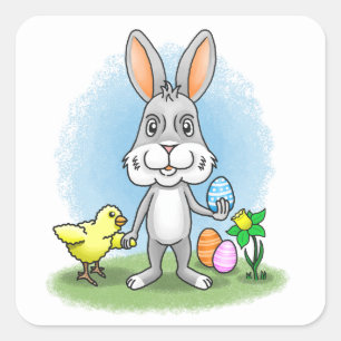 Sticker Carré lapin de Pâques et le poulet jaune