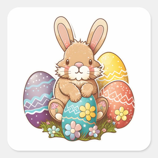 Sticker Carré Lapin De Pâques Joué Avec Des Oeufs (Devant)