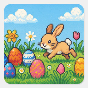 Sticker Carré lapin de Pâques mignon 8 bits
