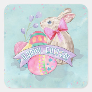Sticker Carré Lapin de Pâques, Oeufs et Confetti ID377