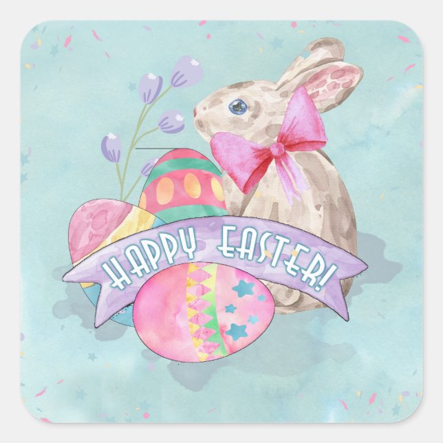 Sticker Carré Lapin de Pâques, Oeufs et Confetti ID377 (Devant)