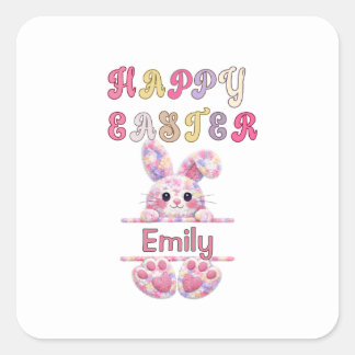 Sticker Carré Lapin de Pâques Personnalisé pour Fille Mignonne