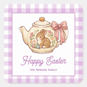 Sticker Carré Lapin de Pâques Personnalisé Théière Gingham Famil
