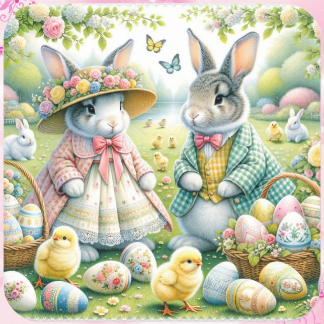 Sticker Carré Lapin De Pâques Tous Habillés De Couleurs De Print (Créateur téléchargé)
