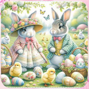 Sticker Carré Lapin de Pâques tout habillé aux couleurs du print