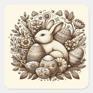 Sticker Carré Lapin de Pâques Vintage Fleurs & Œufs 1er Annivers
