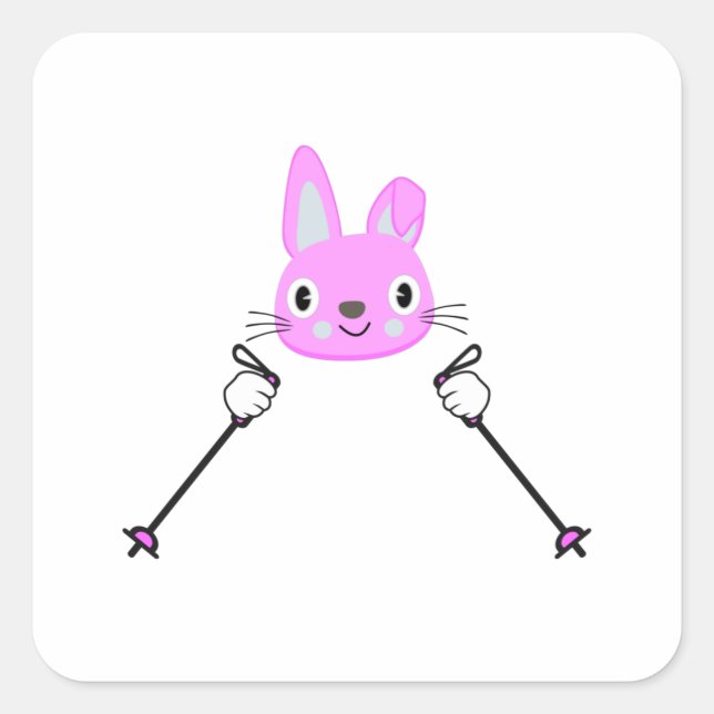 Sticker Carré Lapin de ski avec bâtons de ski (Devant)