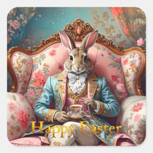 Sticker Carré Lapin élégant buvant du thé Joyeuses Pâques