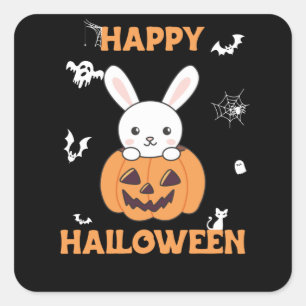 Sticker Carré Lapin En Citrouille De Mignons lapins Joyeux Hallo