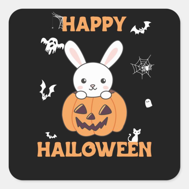 Sticker Carré Lapin En Citrouille De Mignons lapins Joyeux Hallo (Devant)