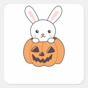 Sticker Carré Lapin En Citrouille De Mignons lapins Joyeux Hallo