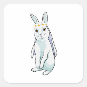 Sticker Carré Lapin en mariée avec couronne de fleurs