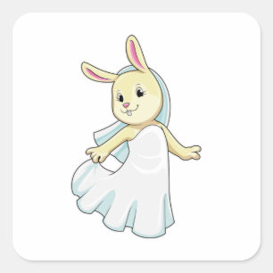Sticker Carré Lapin en mariée avec voile