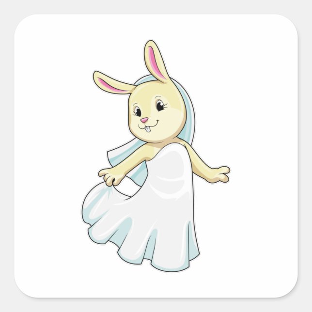 Sticker Carré Lapin en mariée avec voile (Devant)