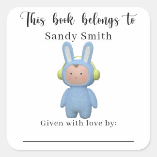 Sticker Carré lapin garçon de dessin animé - Ce livre appartient