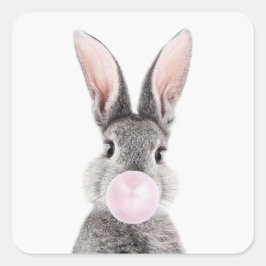 Sticker Carré Lapin gris soufflant bulle rose gomme