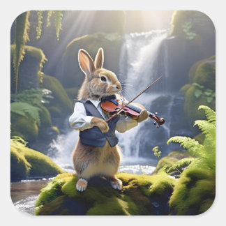 Sticker Carré Lapin jouant au violon dans une belle forêt tropic