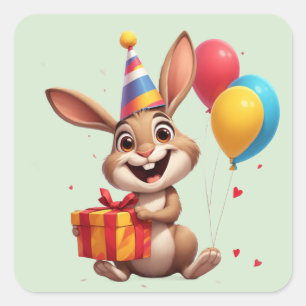 Sticker Carré 🎁 Lapin Joyeux Avec Ballons Et Cadeau