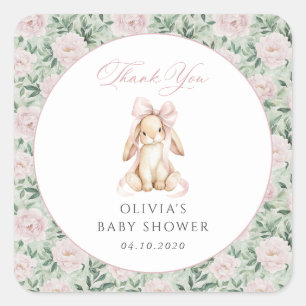 Sticker Carré Lapin Mignon, Nœud Rose, Fleurs Roses, Baby Shower