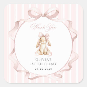 Sticker Carré Lapin Mignon, Nœud Rose, Rayures Roses, Premier An