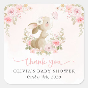Sticker Carré Lapin Mignon, Papillon, Fleurs Roses, Baby Shower