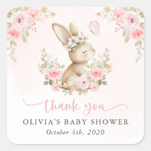 Sticker Carré Lapin Mignon, Papillon, Fleurs Roses, Baby Shower